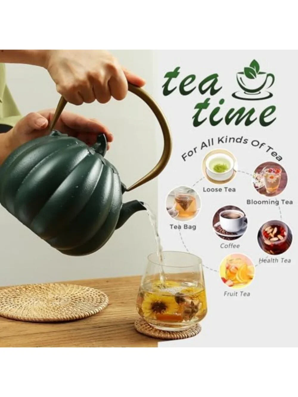 40oz Dark Green Pumpkin Cast Iron Teapot - Small Japanese Kettle for Tea Lovers